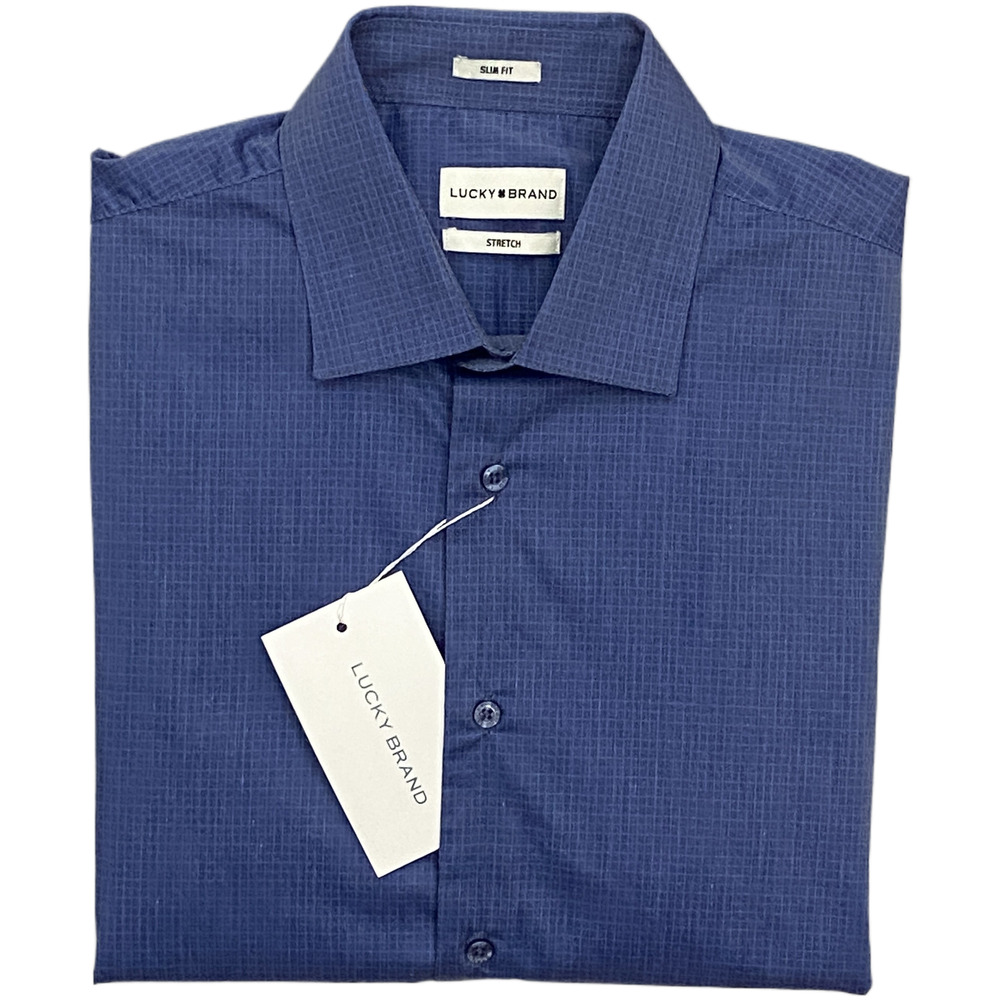 Lucky Brand Dress Shirt Men's 15-15.5 34/35 Slim Fit Blue Geo Print Stretch NEW